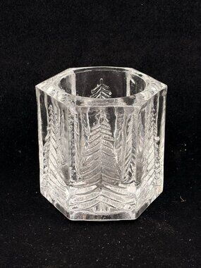 Crystal Clear Glass Votive Holder Pine Tree Botanical Nature Design  3" Tall